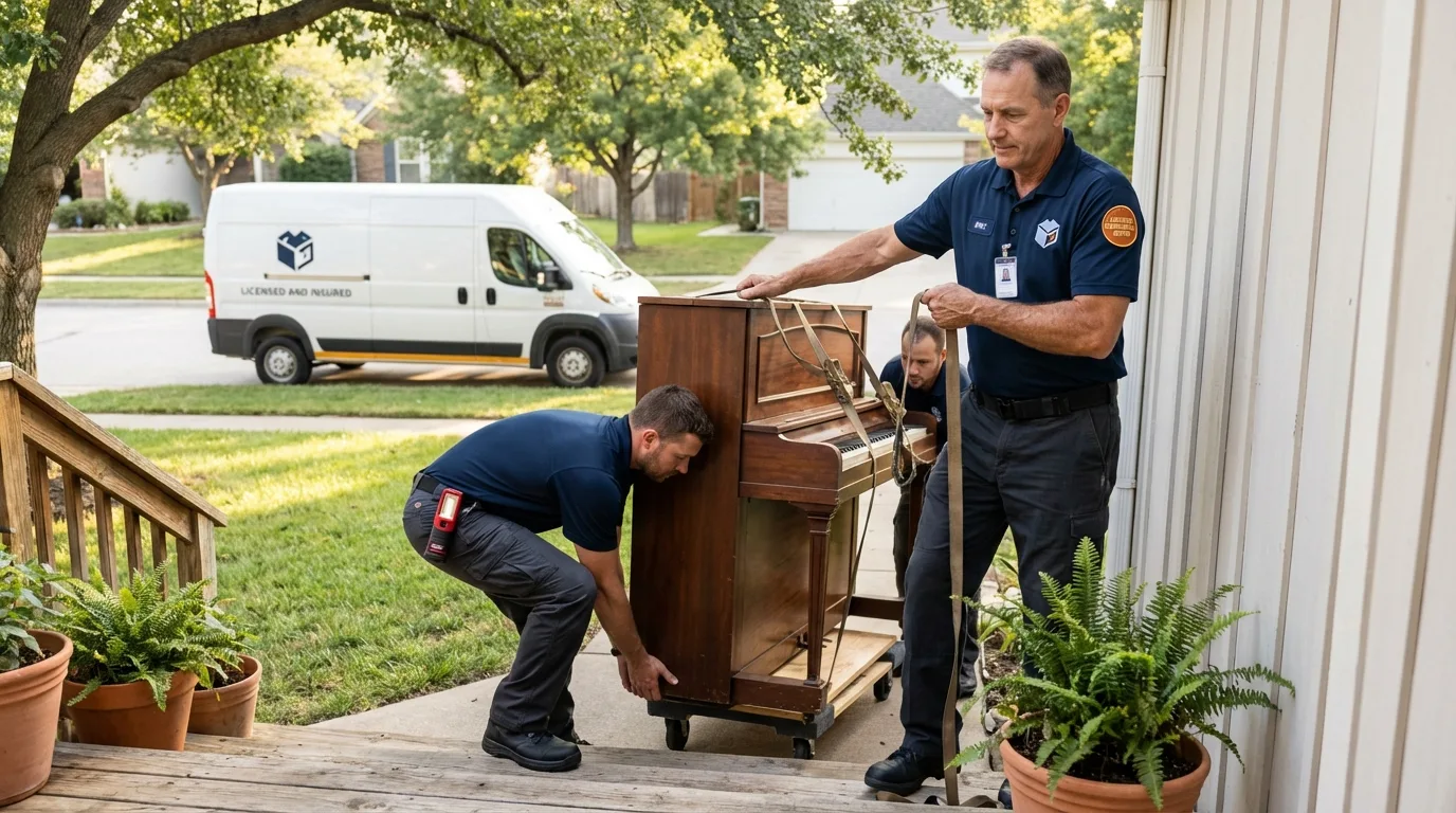 Licensed piano movers securing grand piano in Sylvania, OH