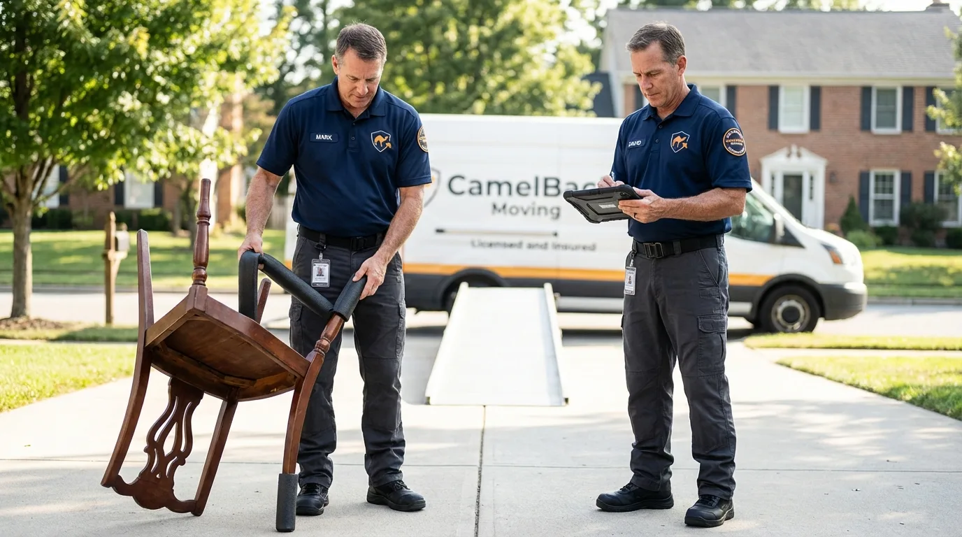 Movers inspecting furniture for damage prevention before loading in Sylvania, OH