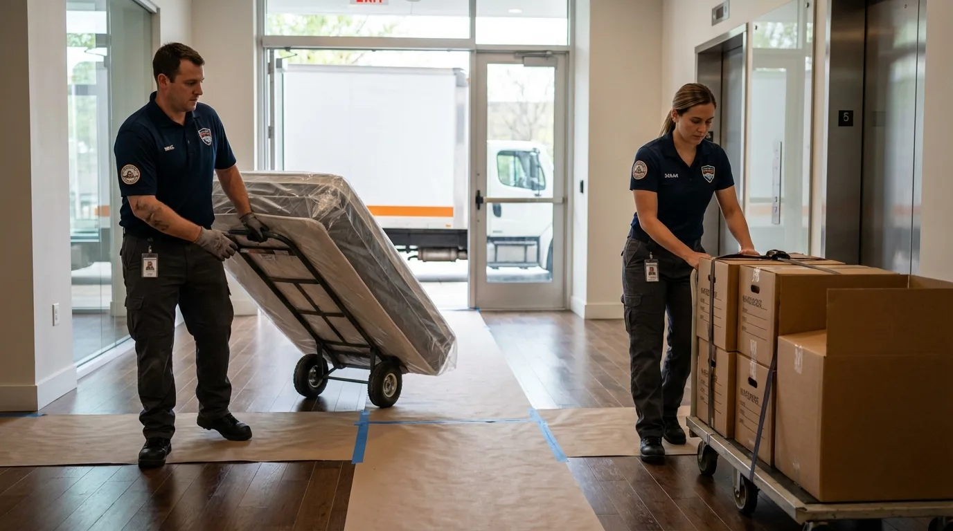 Professional apartment movers loading elevator in Sylvania, OH