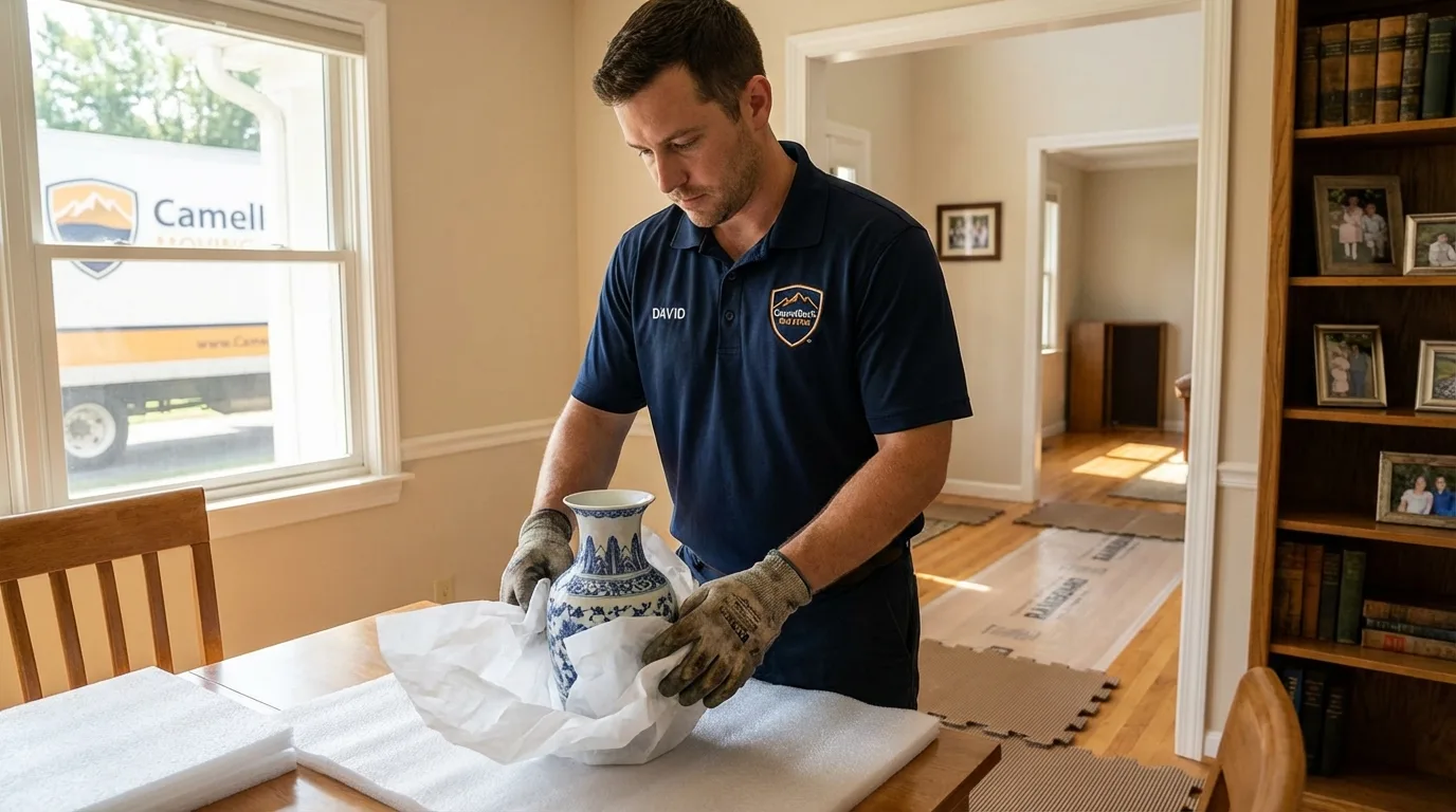 Professional crew carefully wrapping antique vase for senior downsizing move in Sylvania, OH
